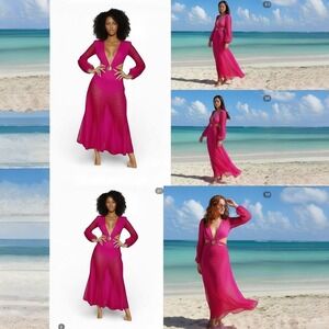 Rosevelvet Fuchsia Plunge Ring Cutout Mesh Maxi Dress Resort Beach Cover‎ Up L